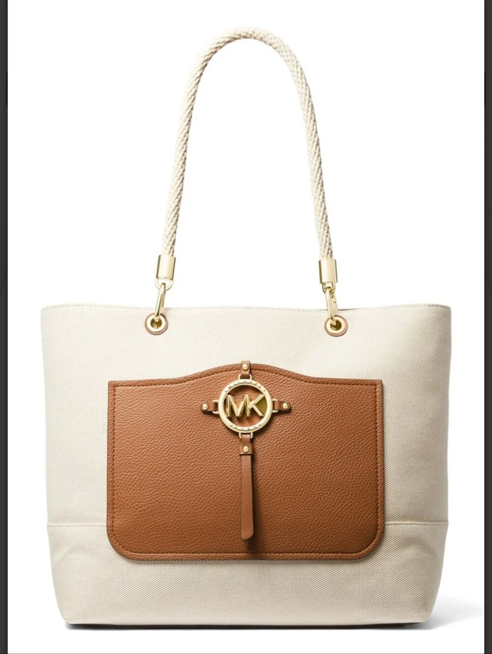 Michael Kors Cream Canvas Tote with Tan Leather Pocket